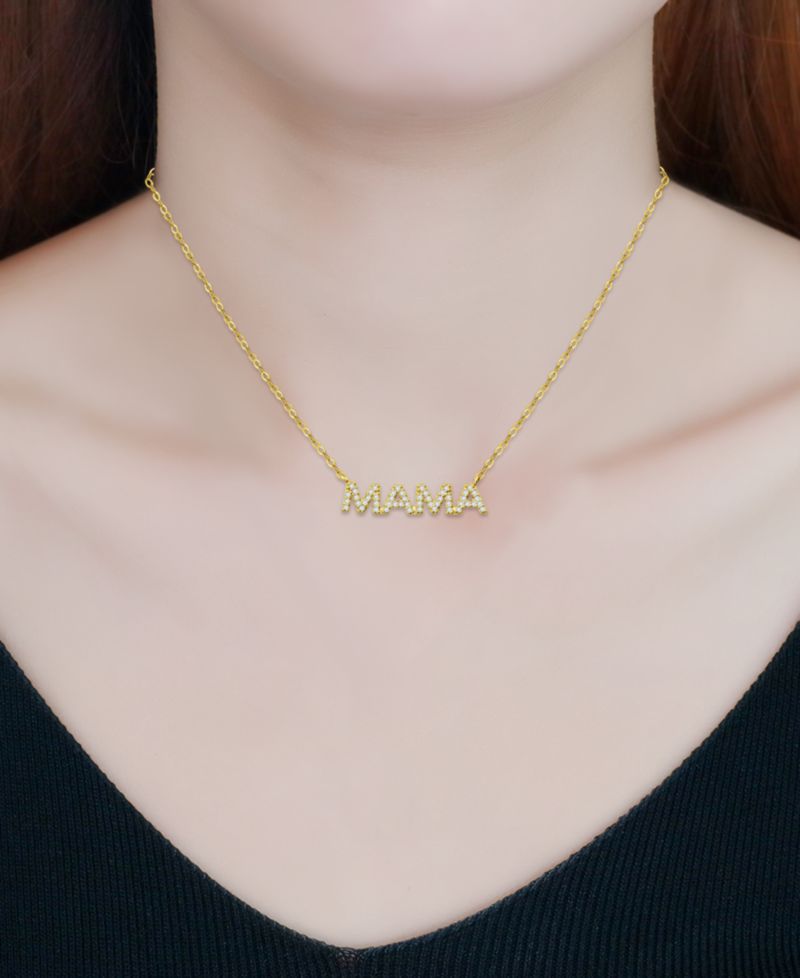 Cubic Zirconia Mama Pendant Necklace in 18k Gold-Plated Sterling Silver, 16" + 2" extender