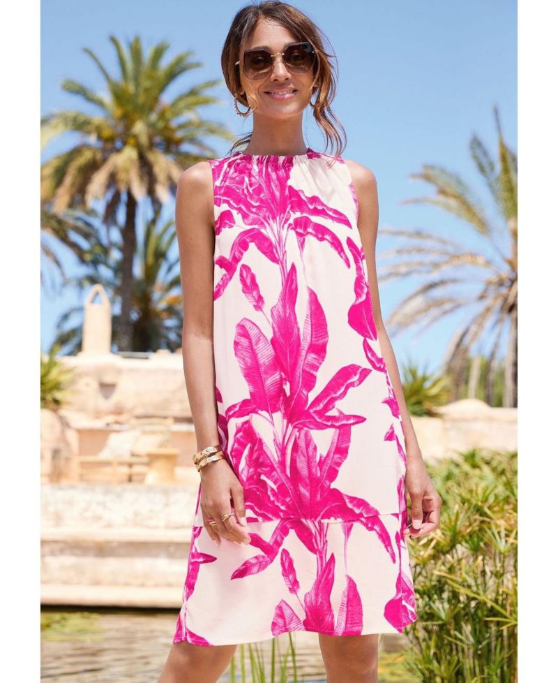 Women's Viscose Tropical Print Ruffle-Trim Shift Short Dress