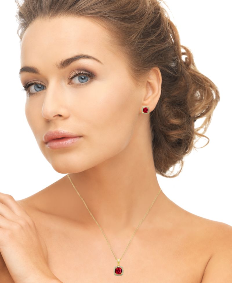 Cushion Simulated Gemstone Halo Pendant Necklace with Matching Stud Earrings 2-Piece Set