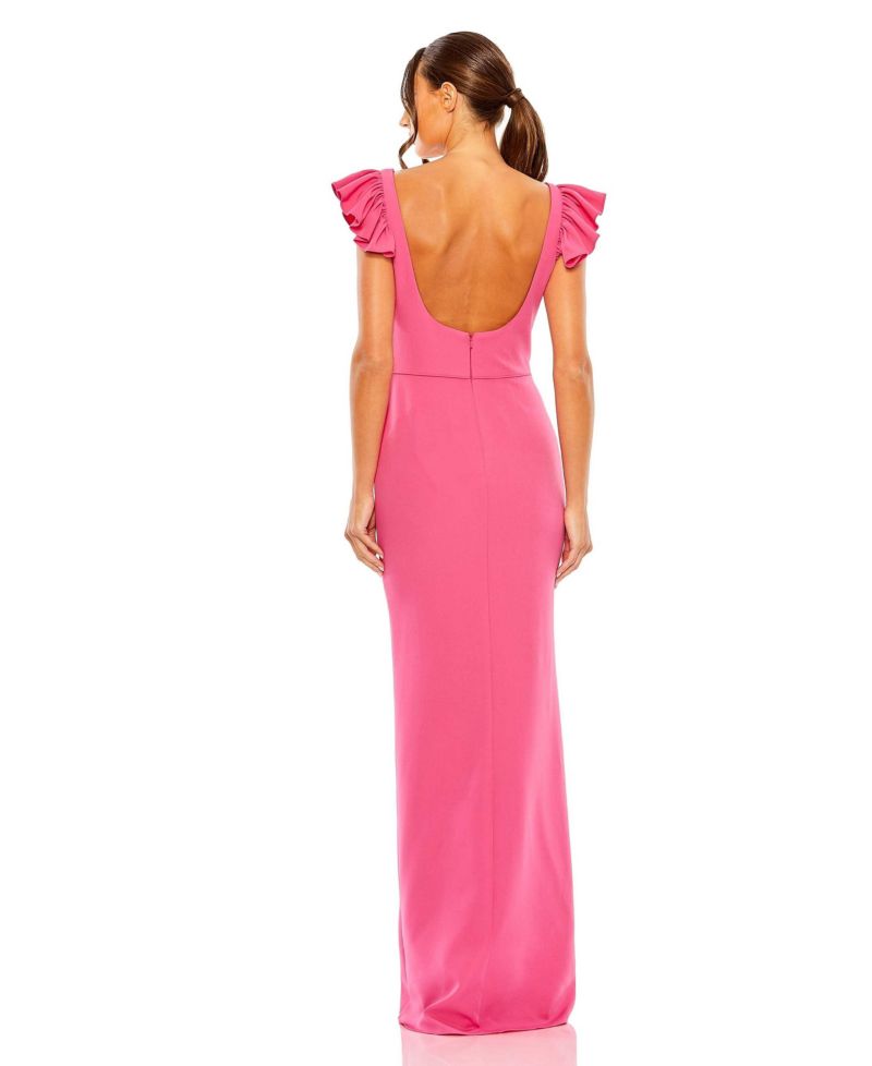 Women's Ruffle Cap Sleeve Open Back Column Gown