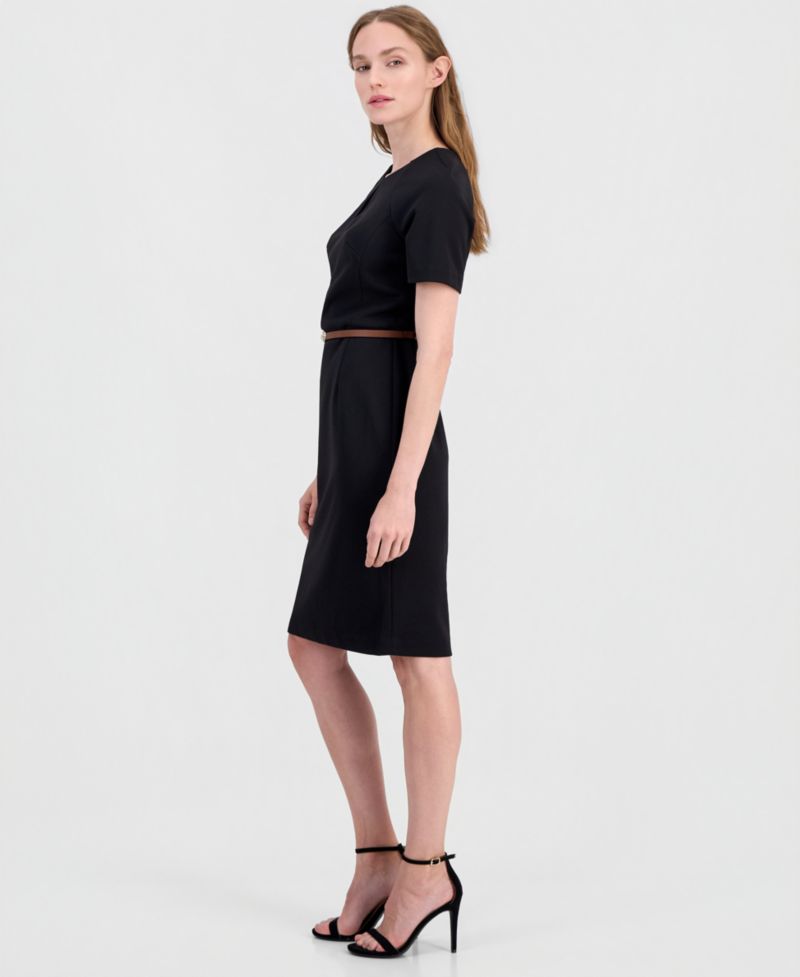 Women's Belted Scuba Crepe Sheath Dress
