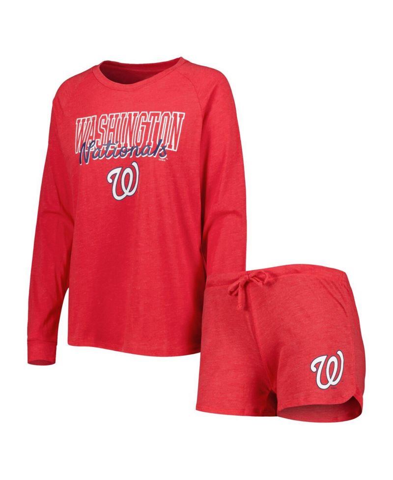 Women's 2-Pack Heather Red Washington Nationals Meter Knit Raglan Long Sleeve Top Shorts and Sleep Set