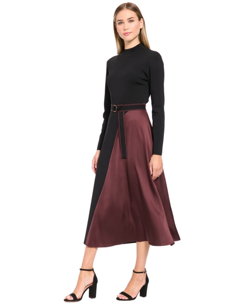 Women's Belted Mock Neck Colorblock Midi Dress