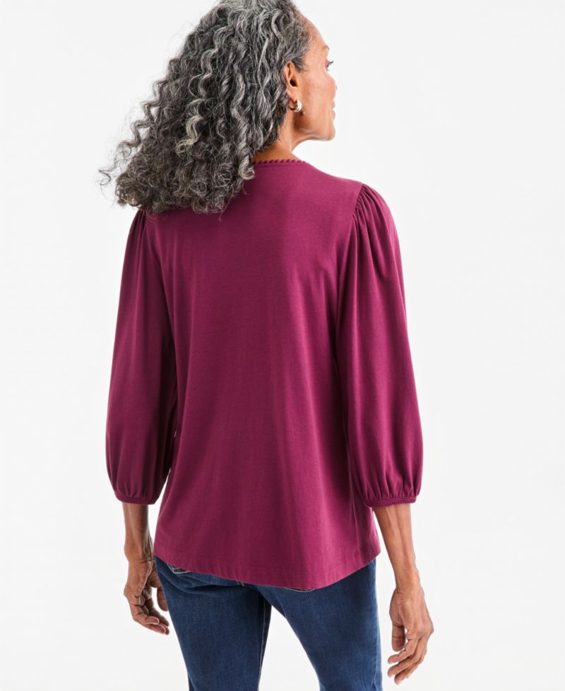 Women's 3/4-Sleeve V-Neck Embroidery Trim Top