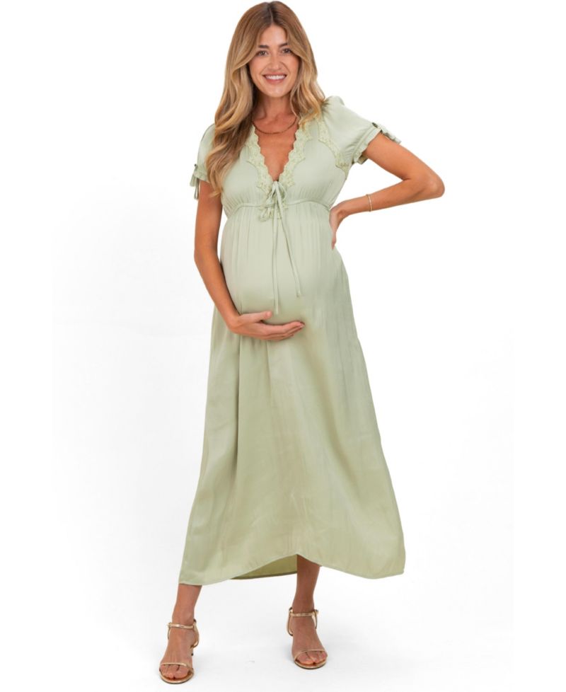 Maternity Satin Lace Detail V-Neck Short-Sleeve Maxi Dress