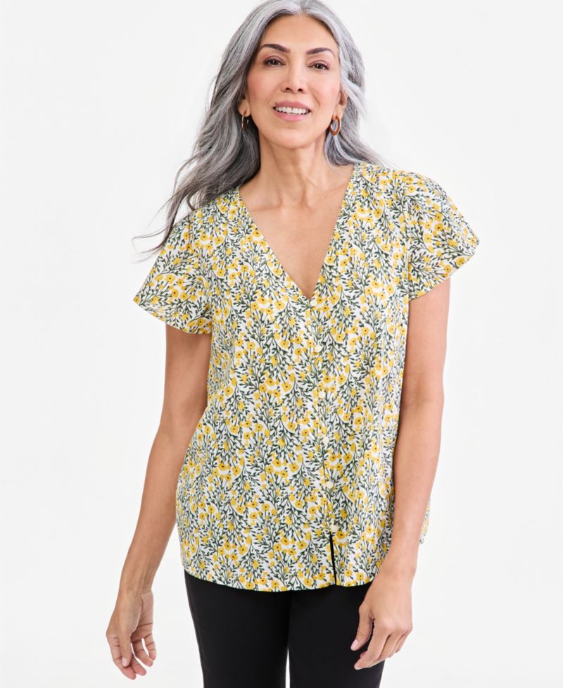 Women's Printed Short Sleeve Flutter Blouse