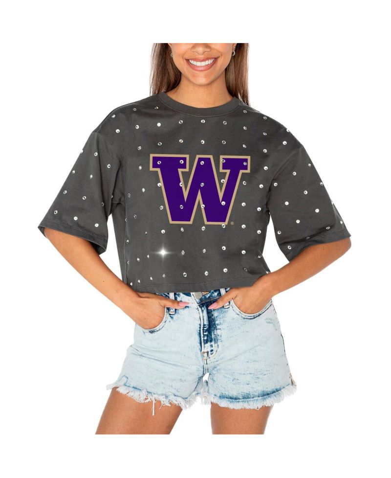 Women's Gray Washington Huskies Go Time Rhinestone Crop T-Shirt