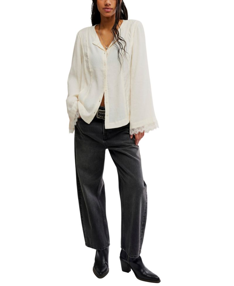 Women's Donni Collared Long-Sleeve Lace-Trim Blouse