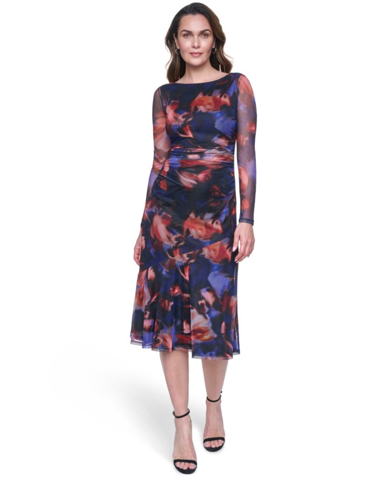 Women's Printed Mesh Bodycon Midi Dress