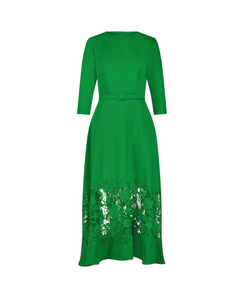 Women's Crepe Boat Neck Applique Cut Out Detail Midi Dress