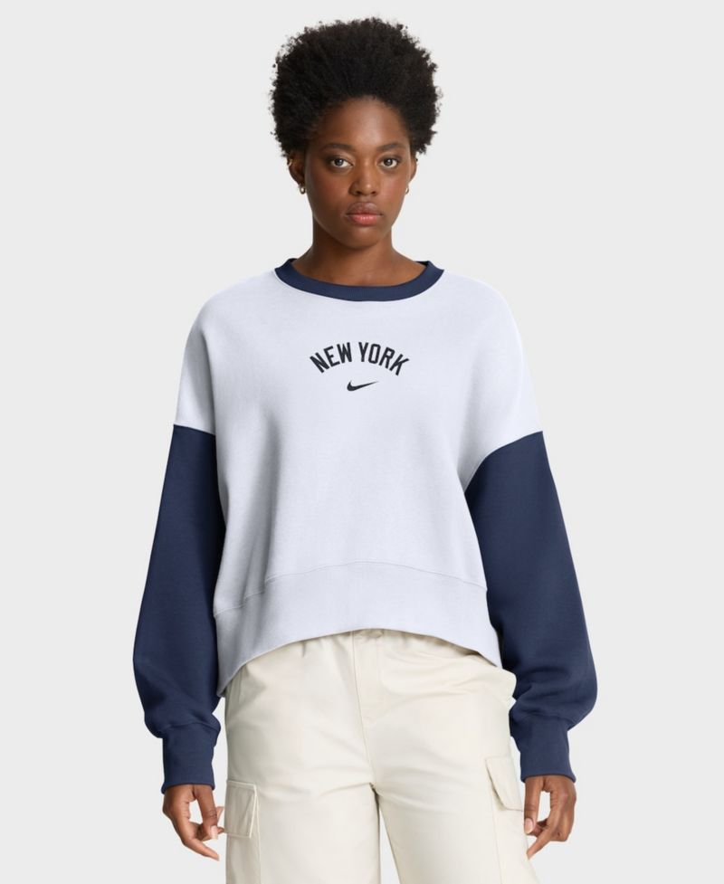 Women's White/Navy New York Yankees Oversized High Hip Fleece Sweatshirt