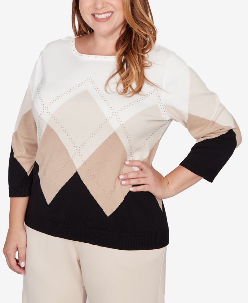 Plus Size Seville Argyle Ribbed Jewel Neck Sweater