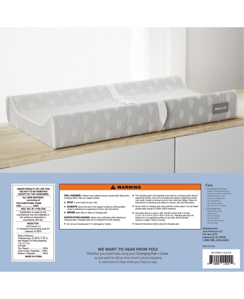 Soft Changing Pad + Washable Cover, Non-Slip - Fits Standard Changing Tables & Dressers (Gray)