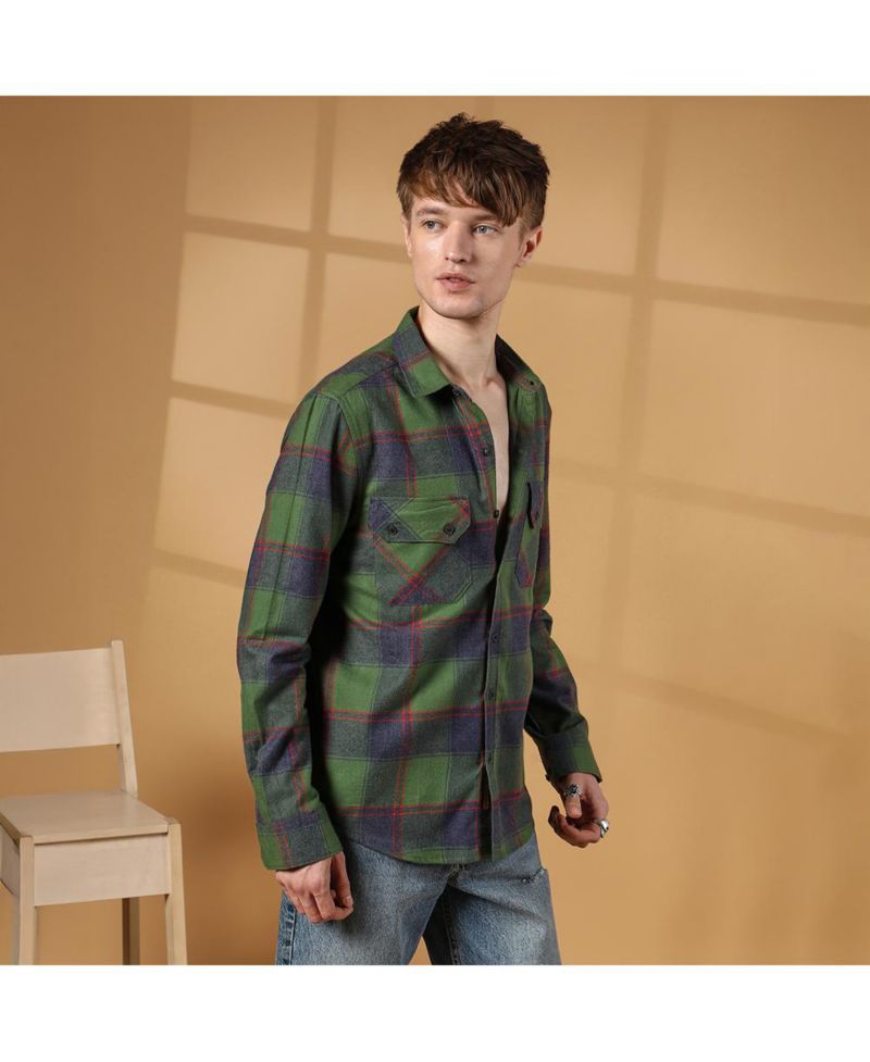 Men's Forest Green & Indigo Blue Buffalo Check Utility Shirt