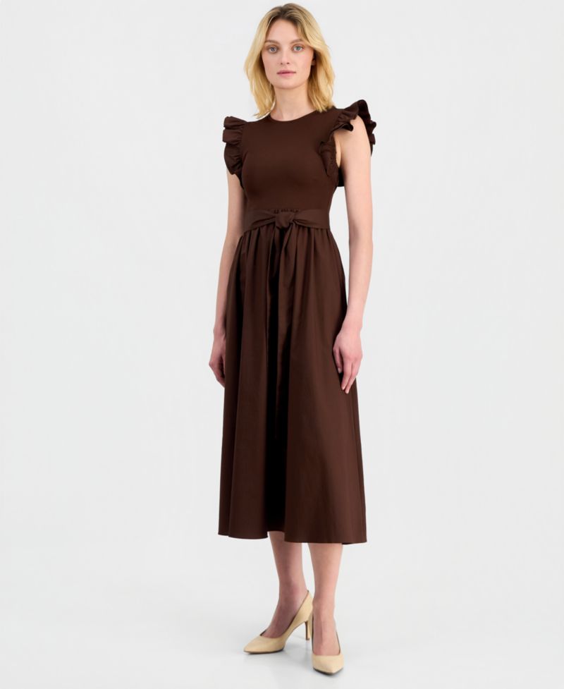 Women's Mixed Knit Woven Midi Dress