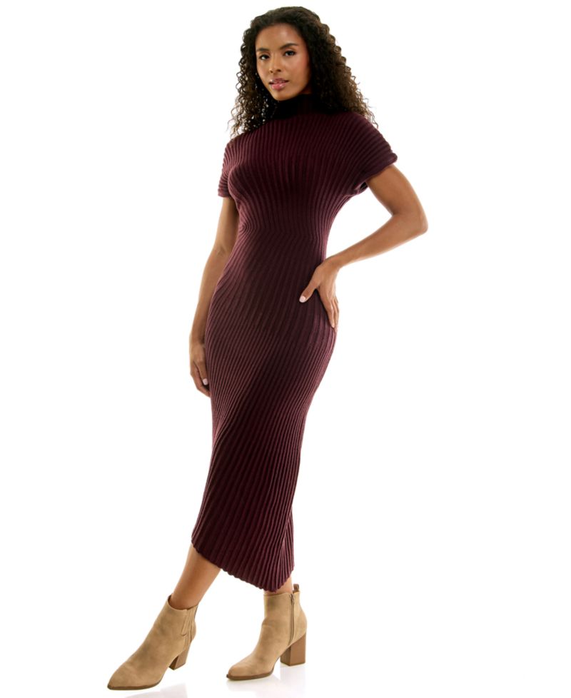 Juniors' Mock-Neck Ribbed Asymmetric-Hem Midi Sweater Dress