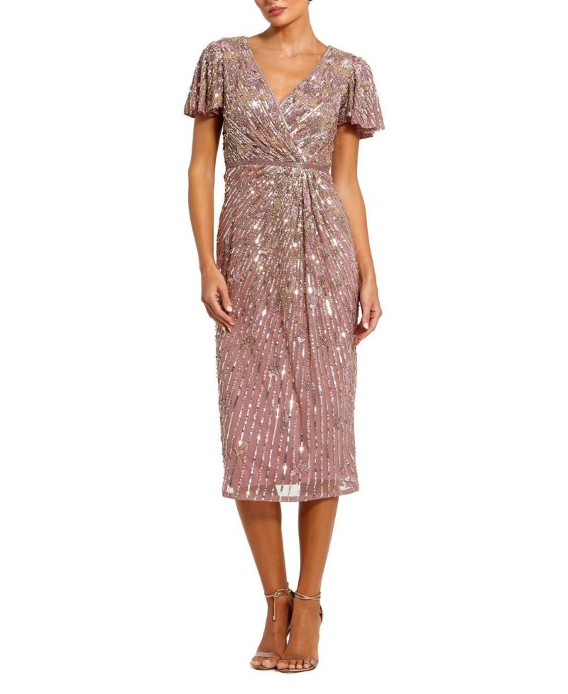 Women's Embellished Faux Wrap Flutter Sleeve Dress