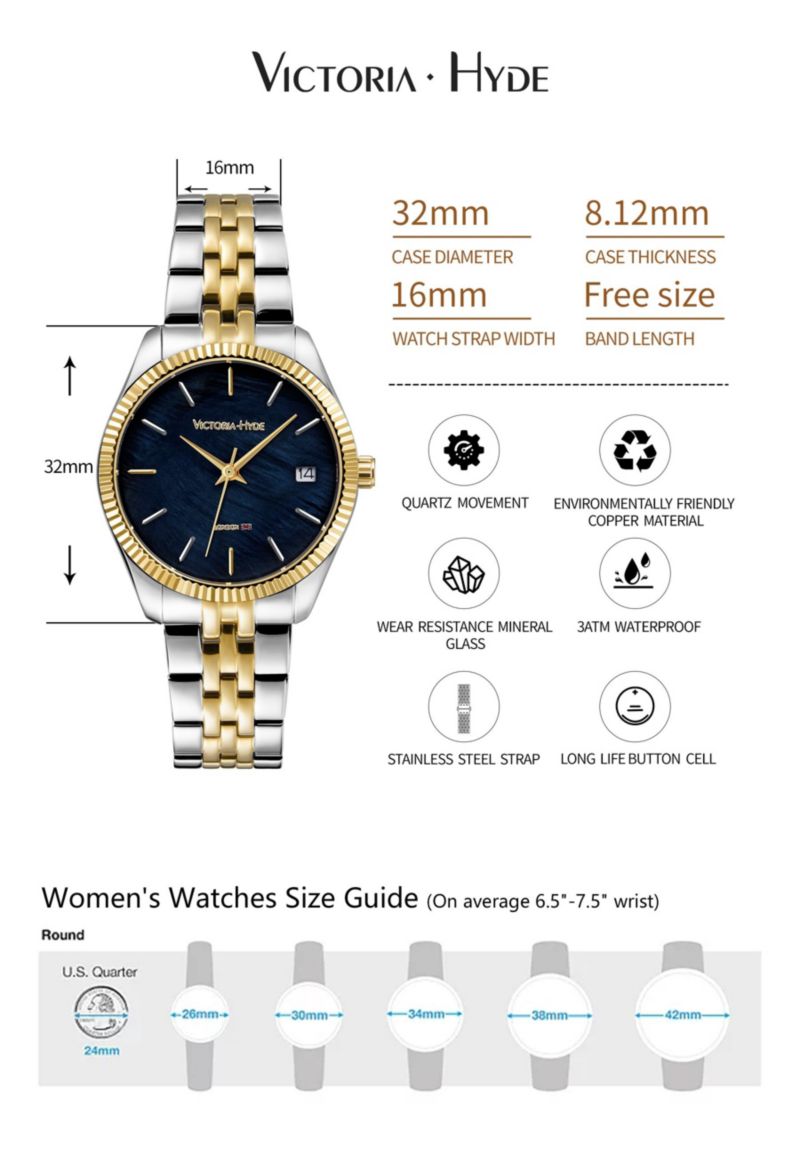 Women's Watch Dial Calendar Stainless Steel Strap Victoria Hyde