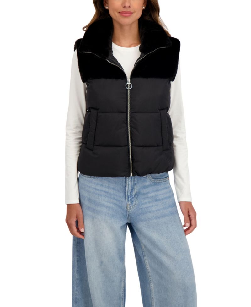 Women's Short Mix Media Puffer Vest