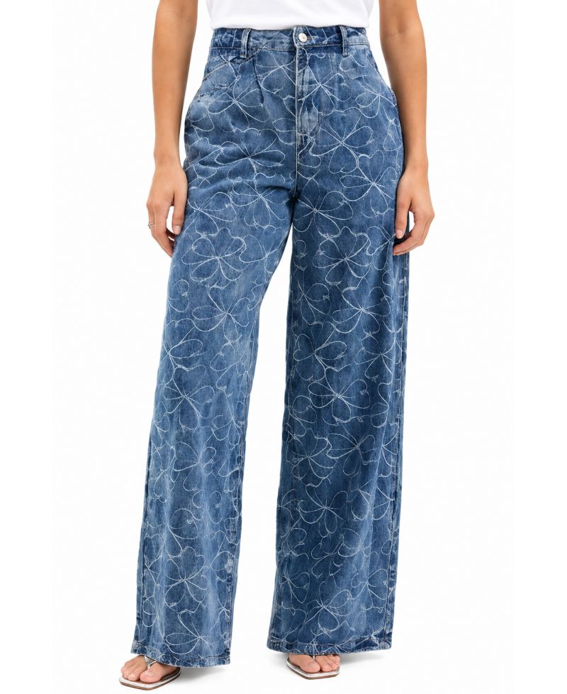 Women's Wide Leg Pleated Embroidered Denim Pants