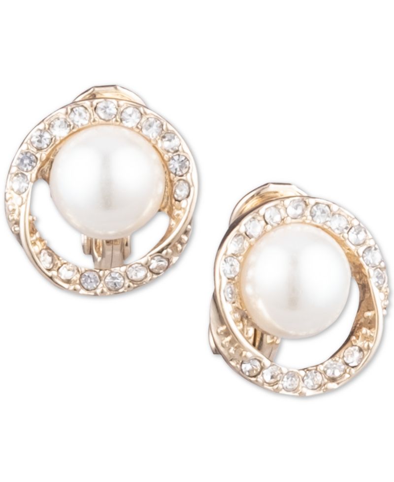 Gold-Tone Pav&eacute; & Imitation Pearl Halo E-Z Comfort Clip-On Button Earrings