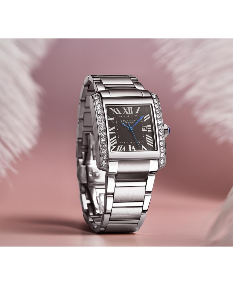 Elan Women s Rectangular Quartz Watch, Black Dial, Silver-Tone Stainless Steel Bracelet, Roman Numeral Dial and Date