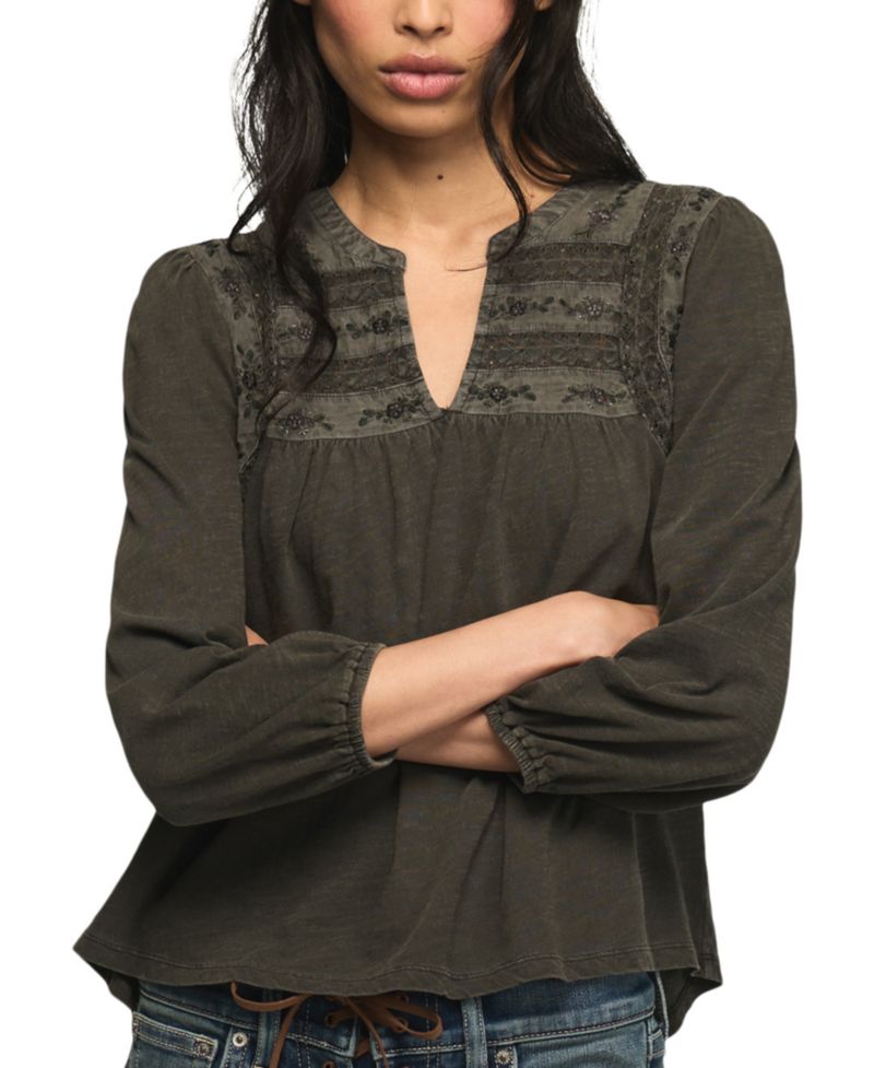 Women's Trim Mix Knit Lace-Trim Embroidered Peasant Top
