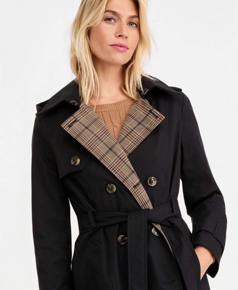 Women's Plaid-Collar Belted Trench Coat, Created for Macy's