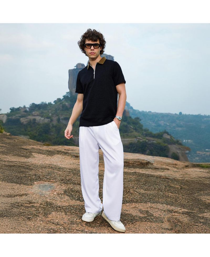 Men's Cream White Straight-Fit Ribbed Trousers