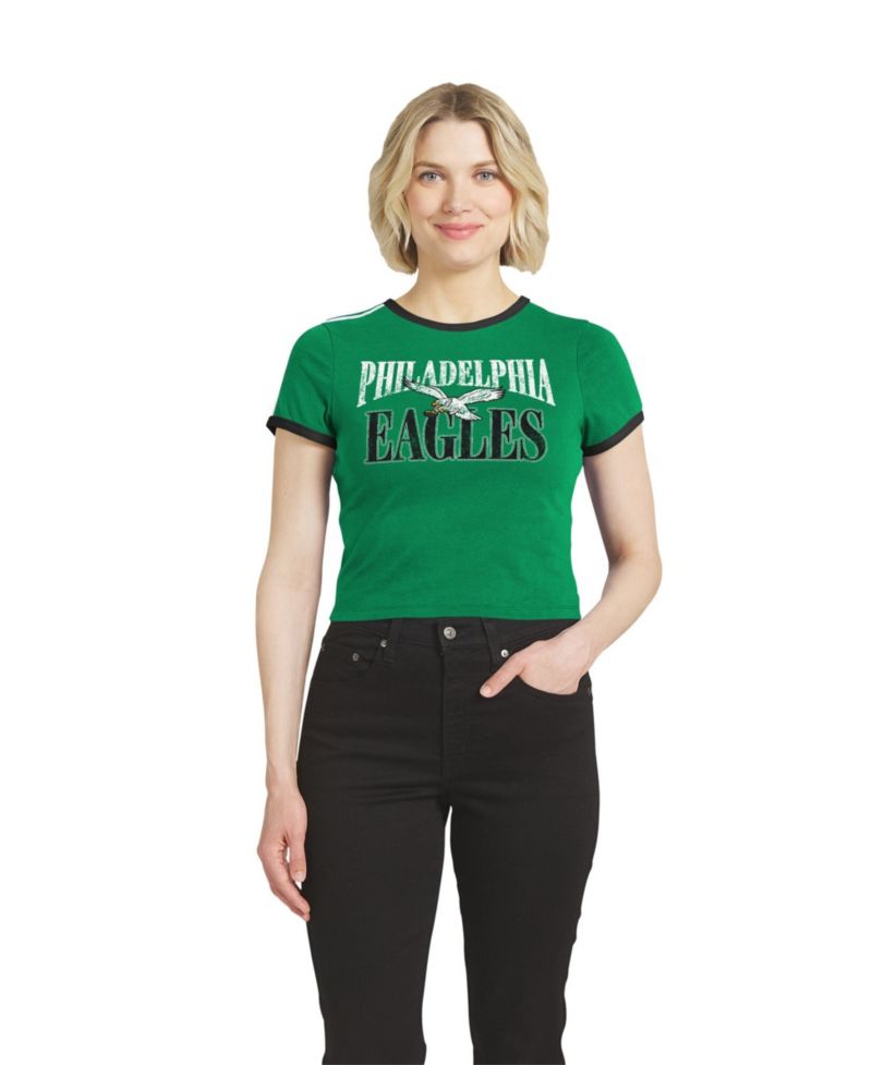 Women's Kelly Green Philadelphia Eagles Cropped Throwback Ringer Baby T-Shirt