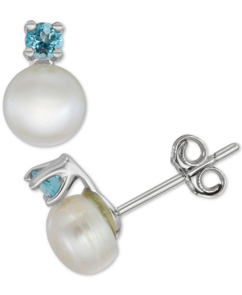Cultured Freshwater Pearl (6mm-7mm) & Sapphire (1/2 ct. t.w.) 18" Pendant Necklace & Stud Earrings Set in Sterling Silver
