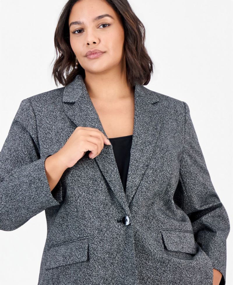 Plus Size Notch-Collar Long-Sleeve Geometric Blazer