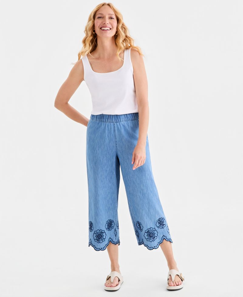 Women's Cotton Chambray Embroidered-Hem Capri Pants