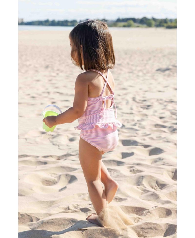 Little Girls Stripe Seersucker Swimsuit with Flower