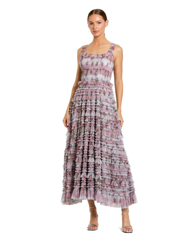 Women's Sleeveless Floral Midi Dress with Tiered Ruffles