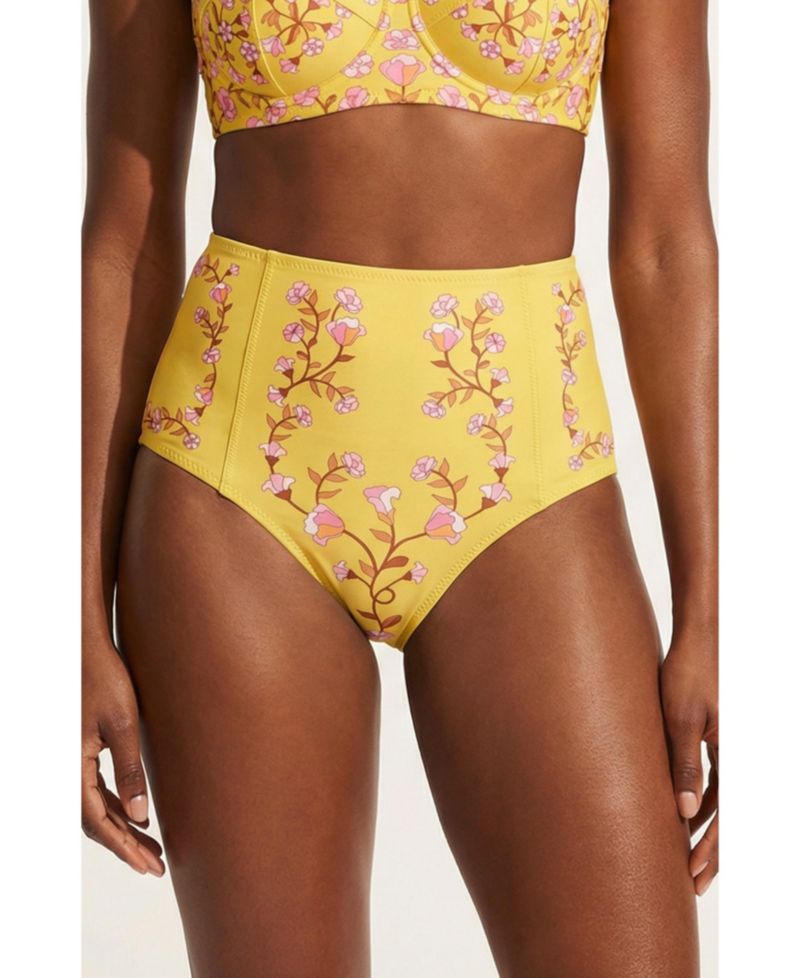 Women's Yellow Bloom High Waisted Bikini Bottom