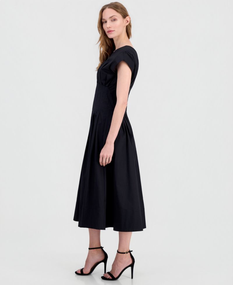 Petite Pleated-Waist V-Neck Midi Dress