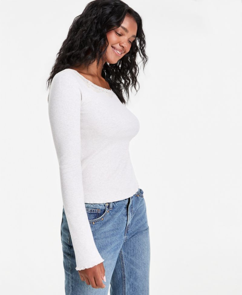 Petite Lace-Trim Scoop-Neck Long-Sleeve Top