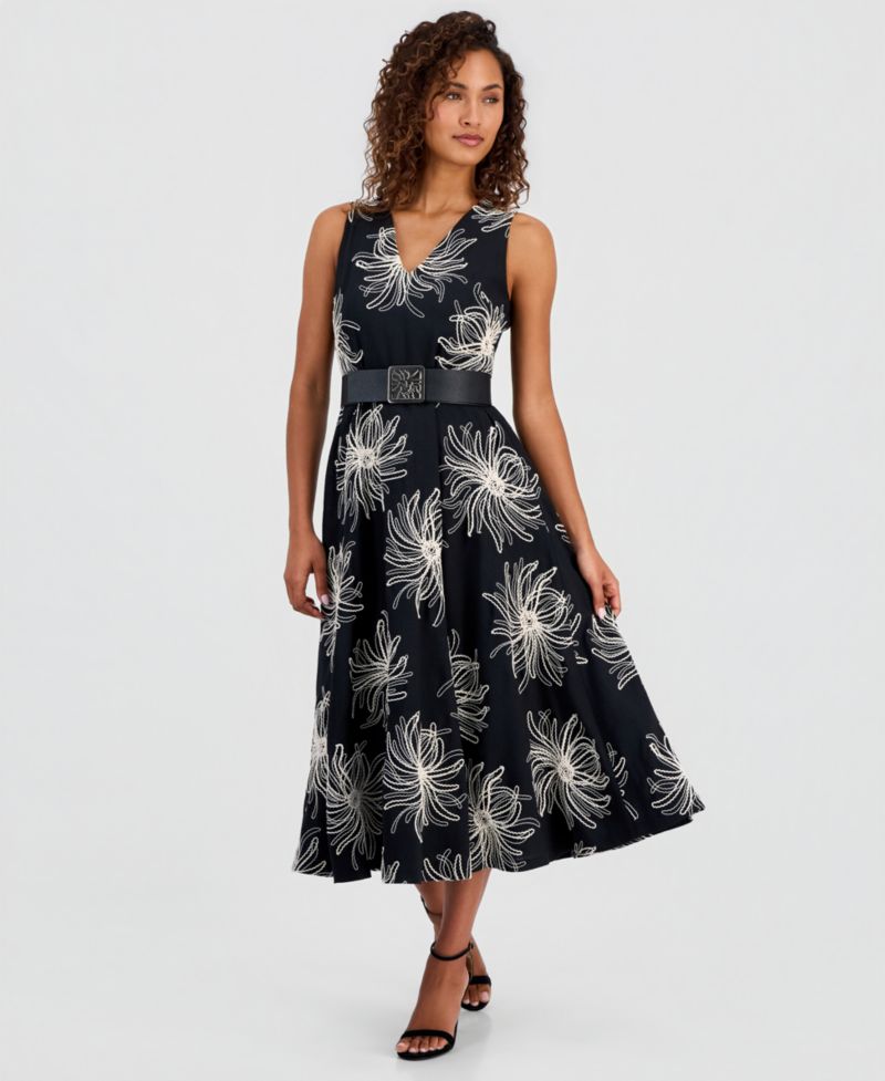 Women's Belted Embroidered Dress