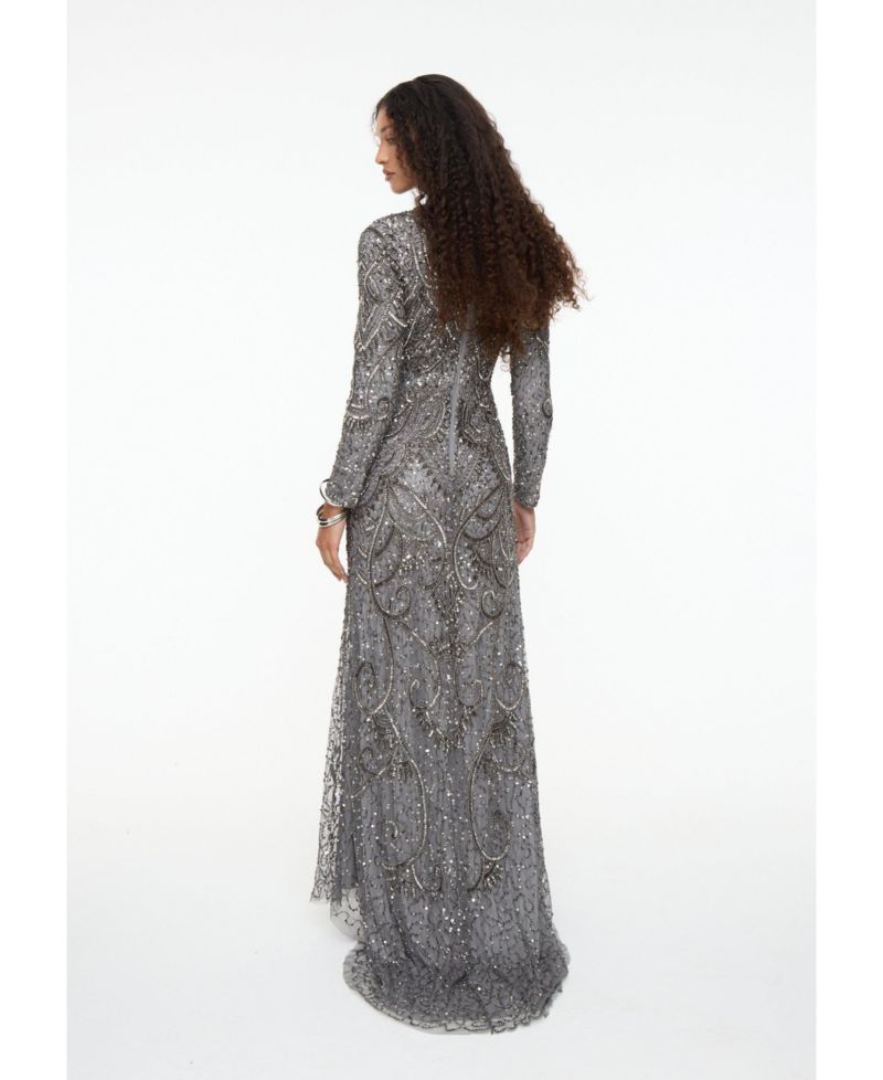 Women's Modest Embellished Sequin Beaded Dress Maxi With Cowl Neck