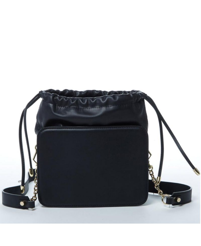 Black Leather Bucket Bag Medium Size Purse for Women with Drawstring Closure