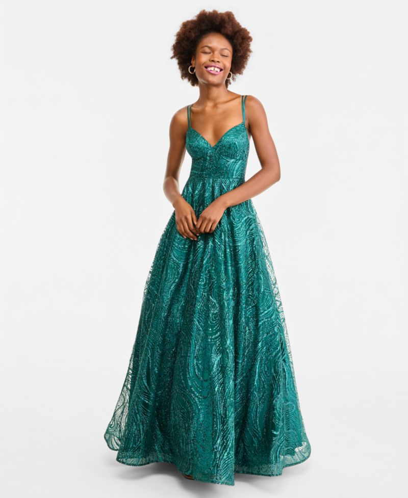 Juniors' Spaghetti Strap V Neck Glitter Pattern Gown with Lace Up Back