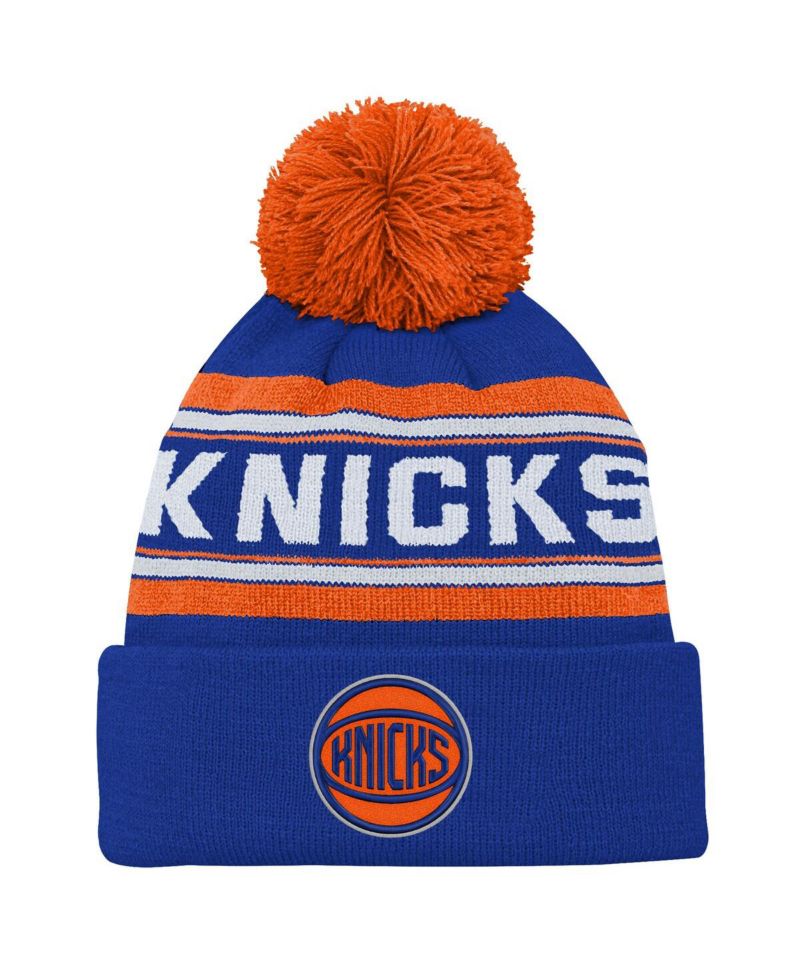 Big Boys and Girls Blue New York Knicks Backboard Jacquard Cuffed Pom with Knit Hat