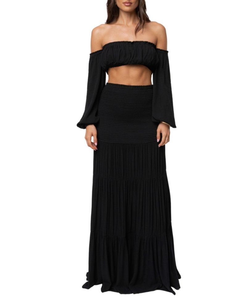 Women's Solana Off-the-Shoulder Long-Sleeve Viscose Crop Top and Maxi Skirt Set