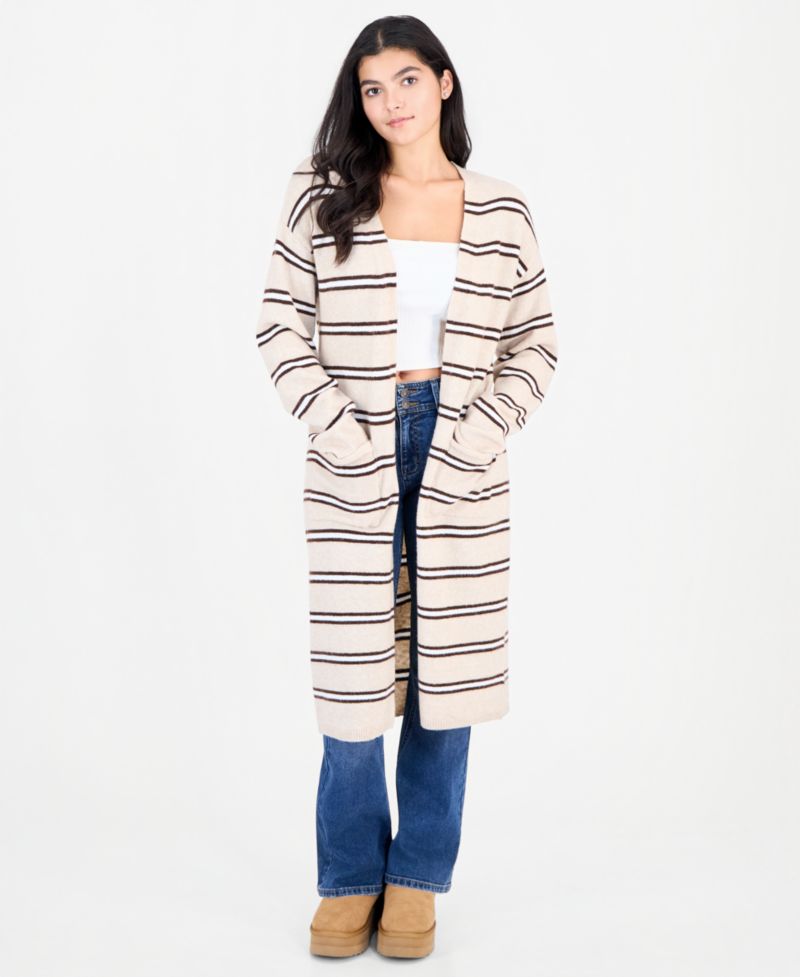 Juniors' Striped Open-Front Duster Cardigan