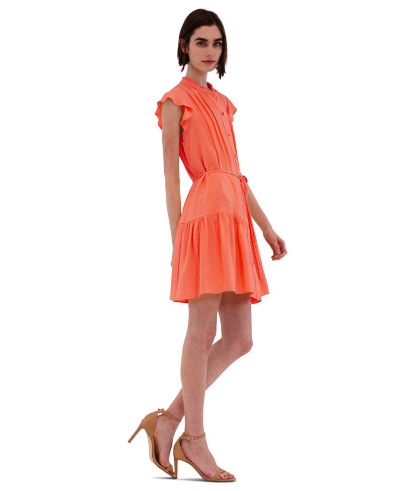 Women's High-Neck Tie-Wast Tiered Shirt Dress