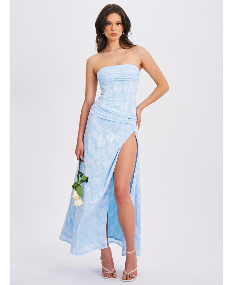 Women's Xatia Baby Blue Jacquard Textured High Slit Maxi Dress
