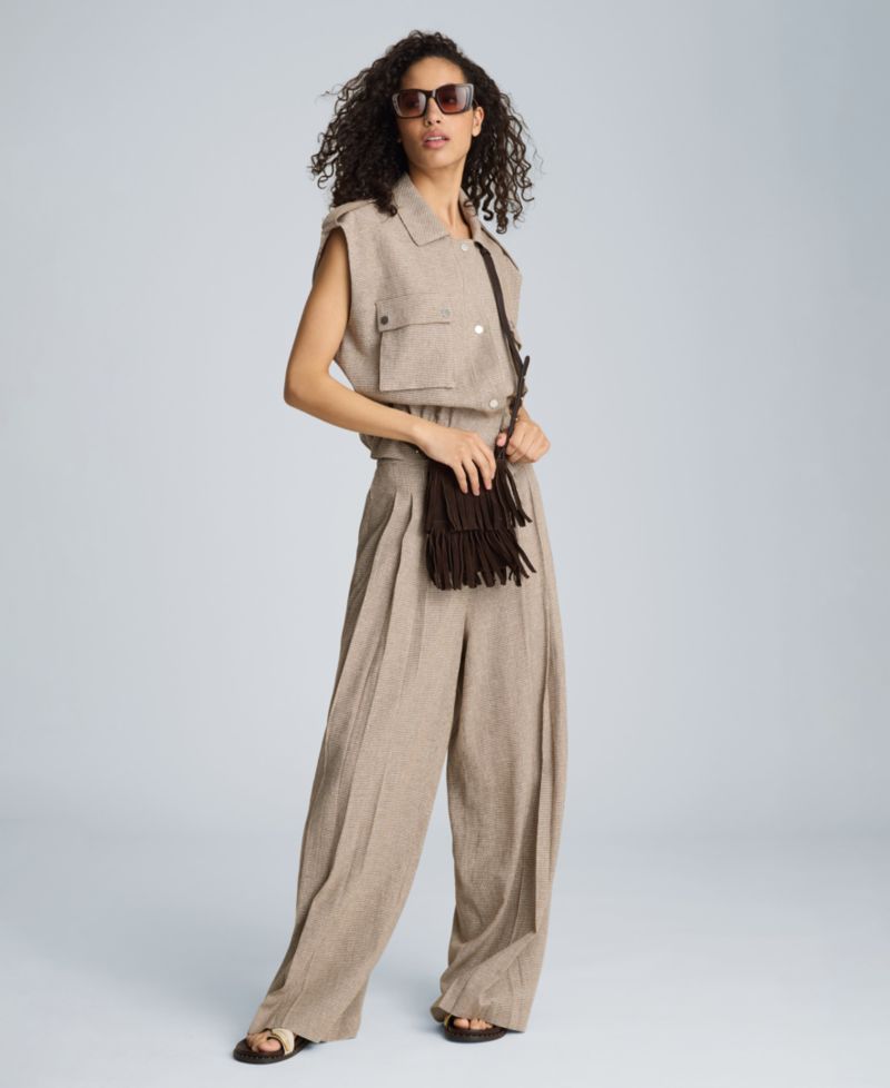 Women's Fly Front High Rise Triple Pleated Linen Blend Pants