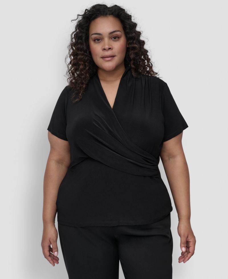 Plus Size Short-Sleeve Faux-Wrap Top