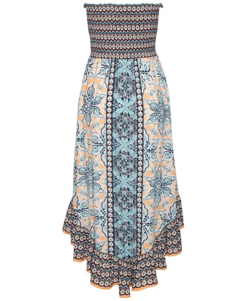Women's Viscose Printed Smocked Bodice Strapless A-Line Midi Dress